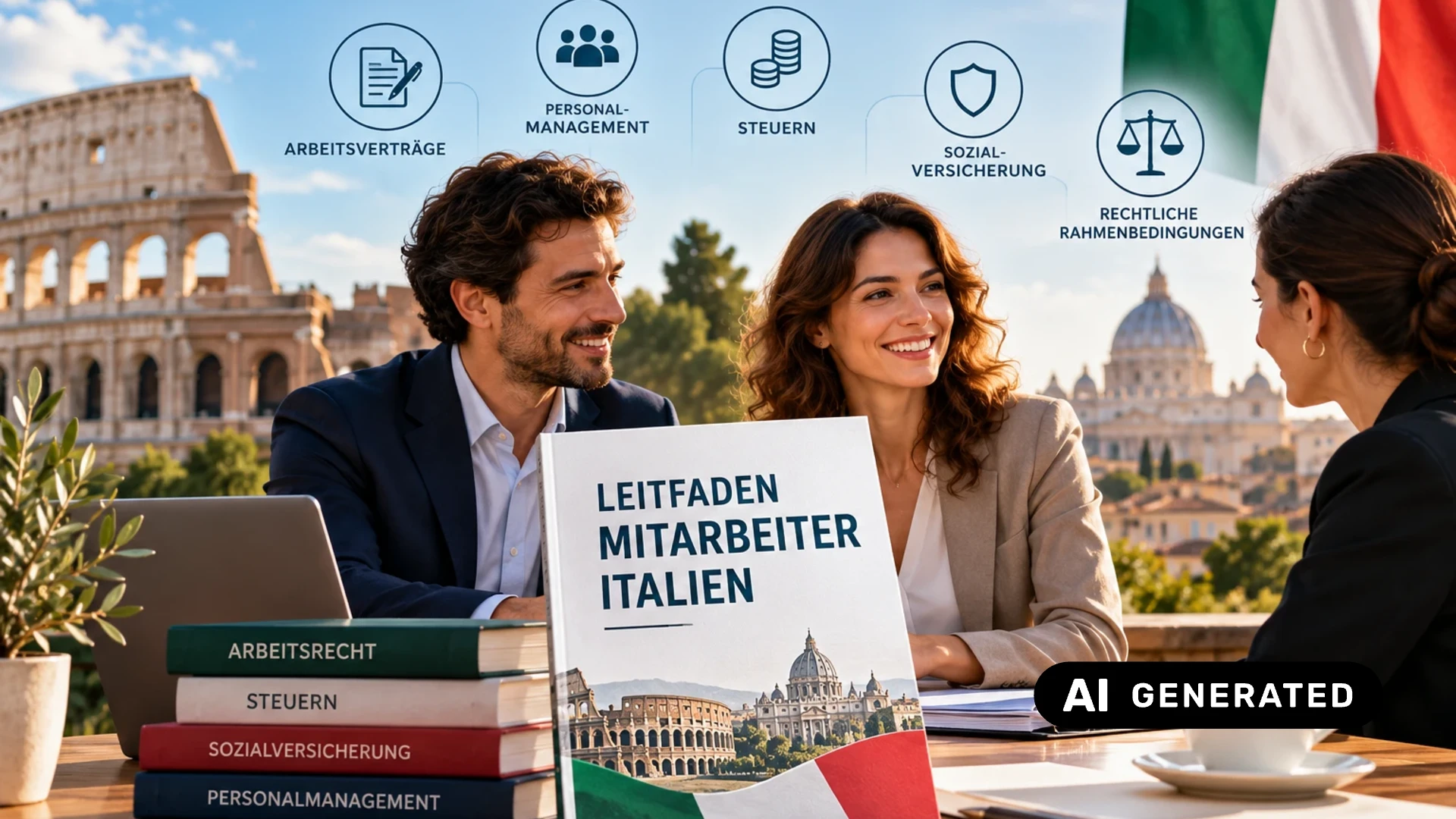 Leitfaden „Mitarbeiter in Italien einstellen“ auf einem Tisch, im Hintergrund Rom (AI-generated image)