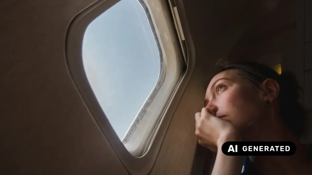 Worker looking out of an airplane window while moving to Italy (AI-generated image)